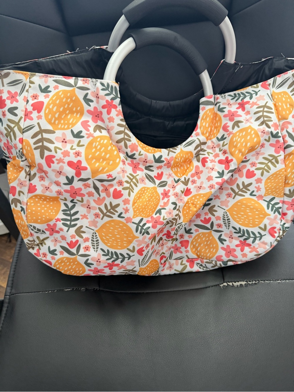 Yellow Floral Lemon-Print Tote with Round Handles